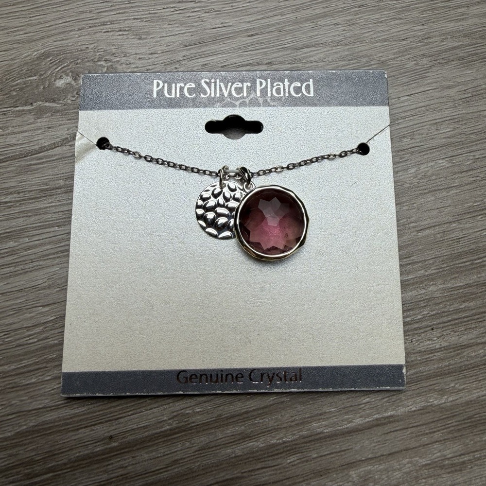 Pure Silver Plated Pink Purple Genuine Crystal Pendant Necklace Disc Charm New